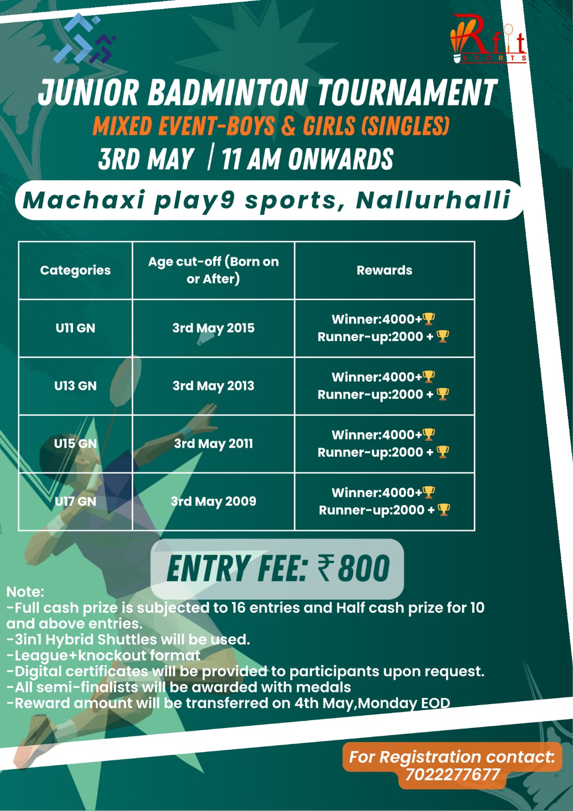 JUNIOR BADMINTON TOURNAMENT MIXED EVENT-BOYS & GIRLS (SINGLES)